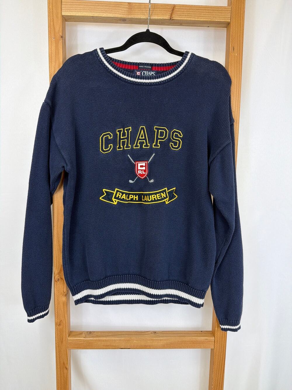Vintage Chaps by Ralph Lauren Navy Hand Framed Embroidered Sweater Small